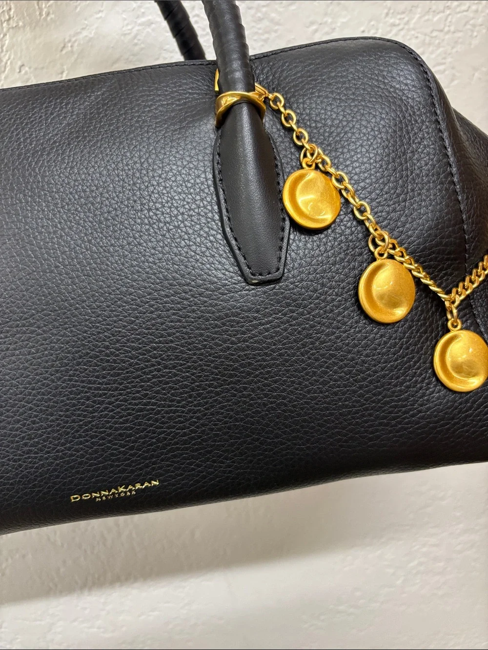 Donna Karan chantilly Satchel leather bag with Gold Charm Chain